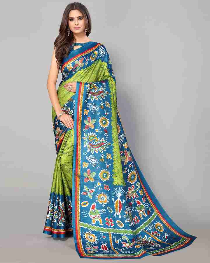 Buy BHAKARWADi Floral Print Kalamkari Tussar Silk Green Sarees Online Best Price In India Flipkart