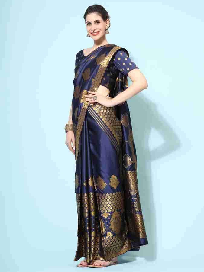 Buy HAVIDA Woven Mekhela Chador Silk Blend Dark Blue Sarees Online