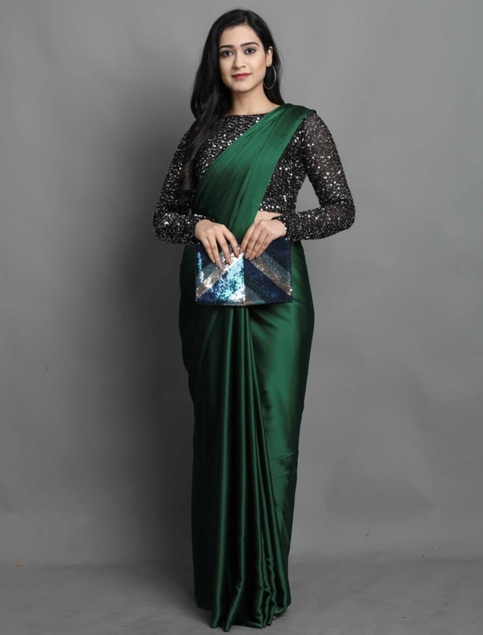 plain dark green silk saree