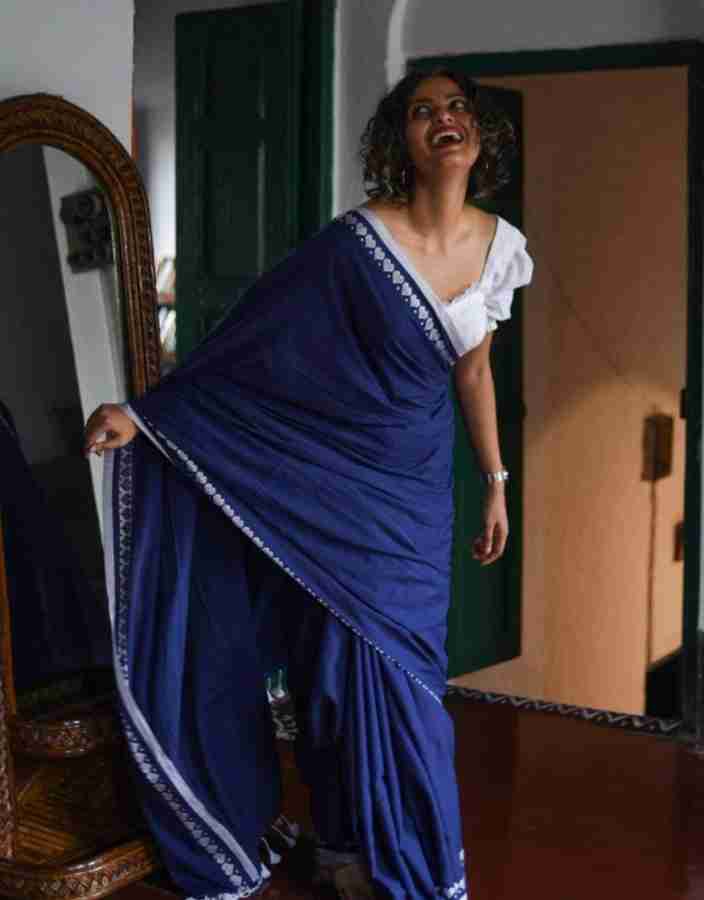 Buy Shri Boutique Solid Plain Handloom Cotton Blend Blue Sarees Online Best Price In India Flipkart