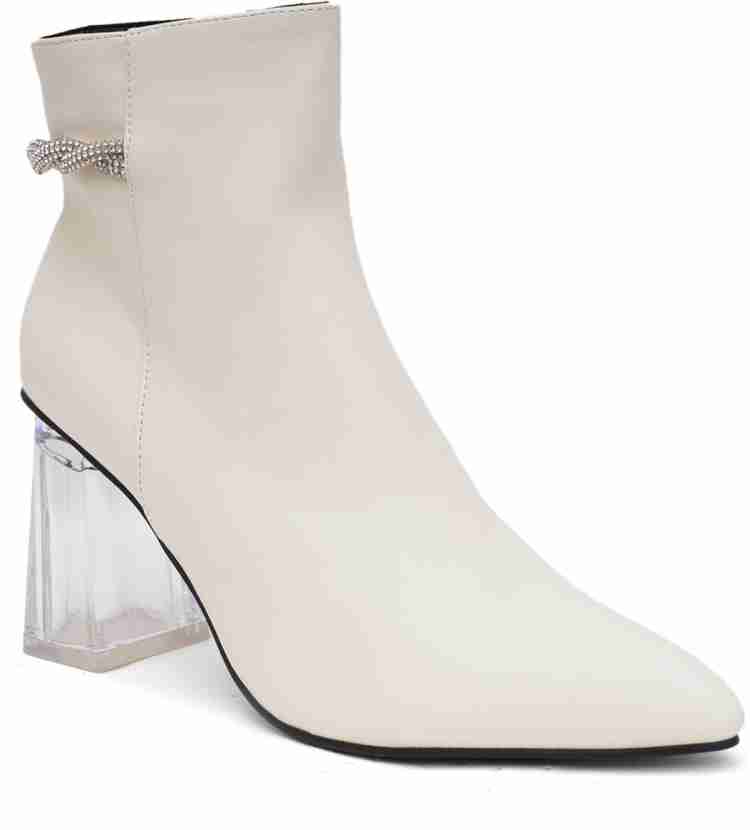 White boots hot sale clear heel