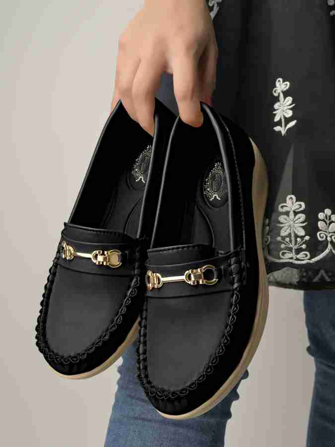 Womens black loafers on sale with gold buckle