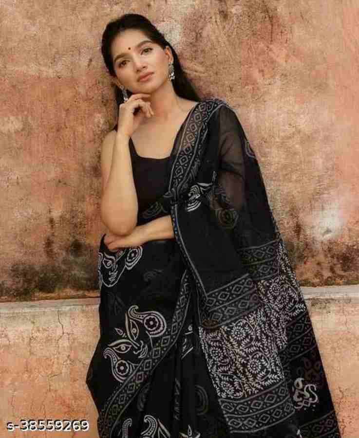 Buy NIKHILAM Printed Daily Wear Pure Cotton Black Sarees Online Best Price In India Flipkart