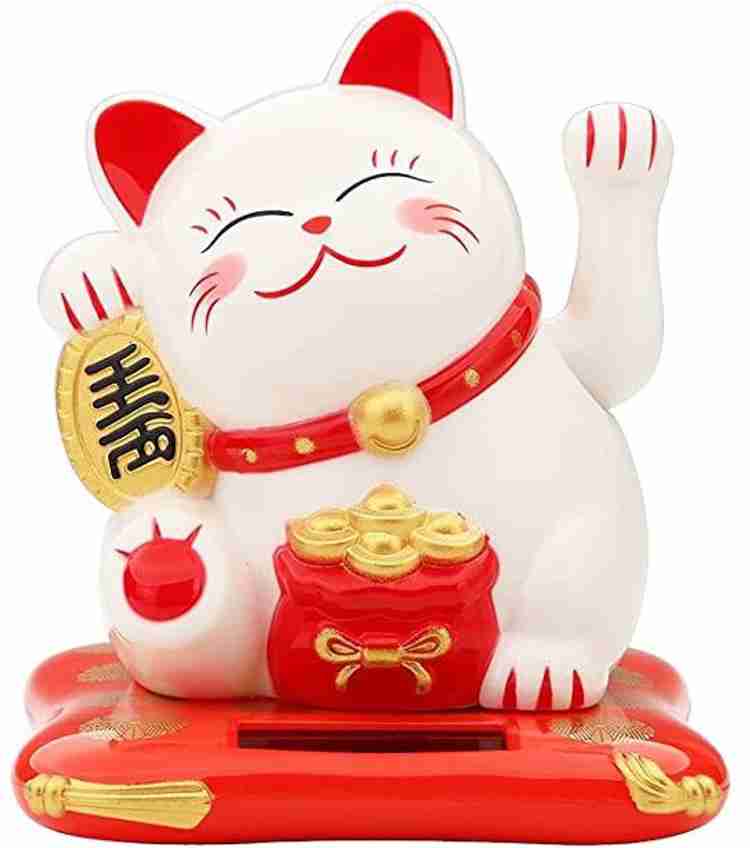 The Cube Mart Hand Waving White Lucky Cat Solar Powered Chinese