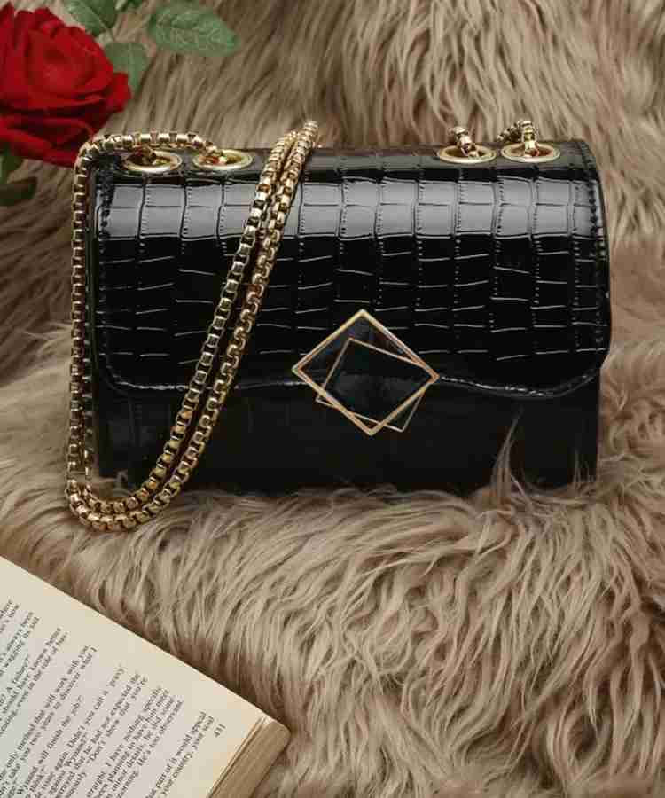 Leather Land Black Sling Bag Designer Box Golden chain in Black Black Price in India Flipkart