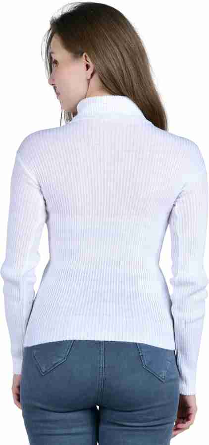 Talgo Self Design Turtle Neck Casual Women White Sweater