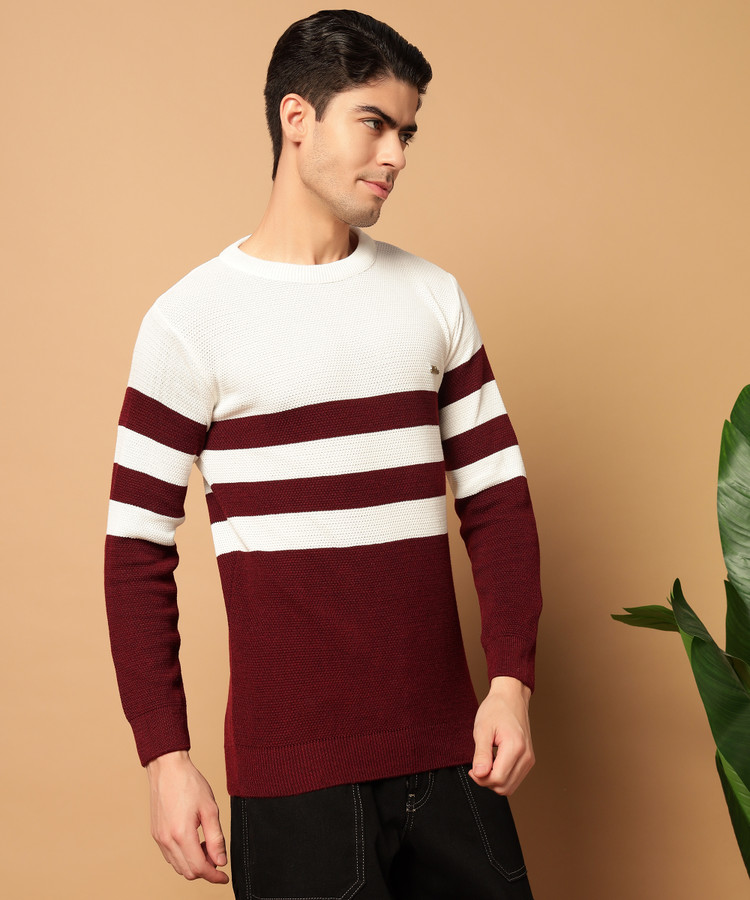 Maroon Sweater Men's Sweater In Flipkart WILLEY Striped Round