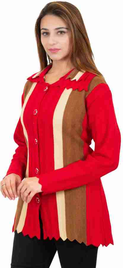 new sanya Self Design Collared Neck Casual Women Red Sweater - Buy 