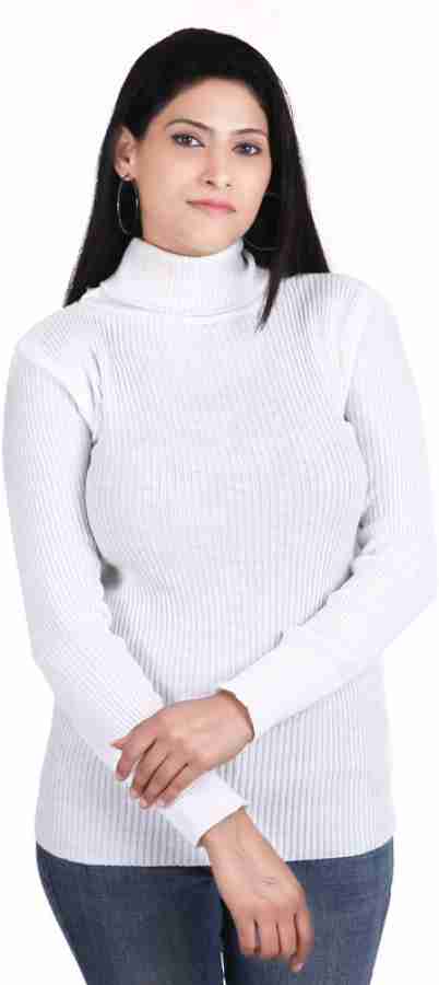 100LUCK Solid High Neck Casual Women White Sweater - Buy 100LUCK Solid High  Neck Casual Women White Sweater Online at Best Prices in India