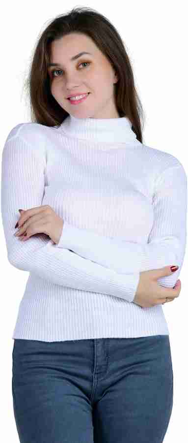 Talgo Self Design Turtle Neck Casual Women White Sweater