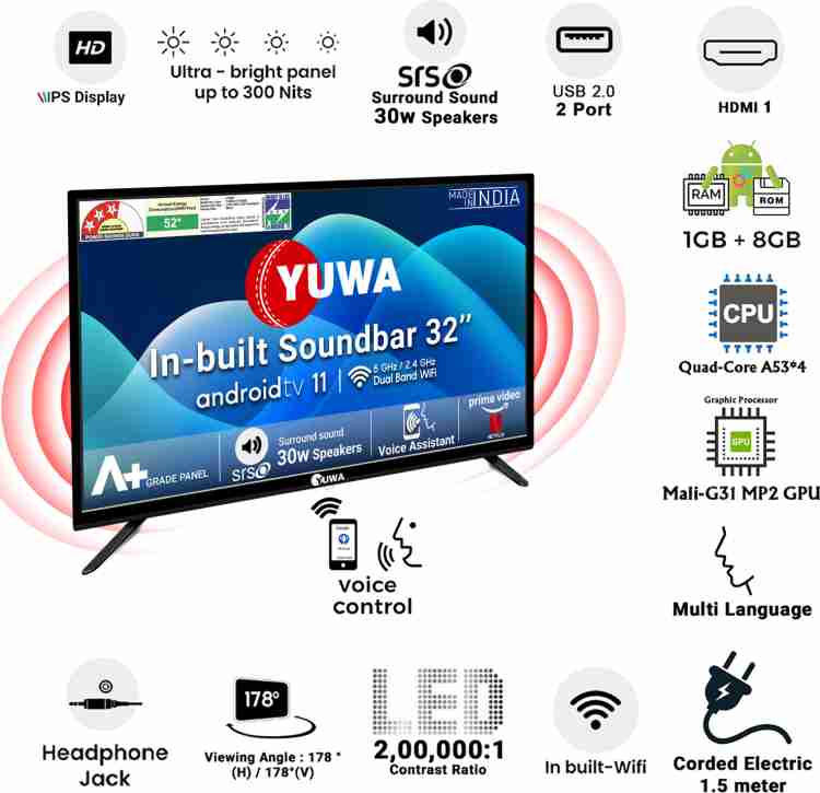 Yuwa 1366x768 32 Inch Frameless Smart TV with Sound Bar, 2 Hdmi at Rs  8699/piece in Noida