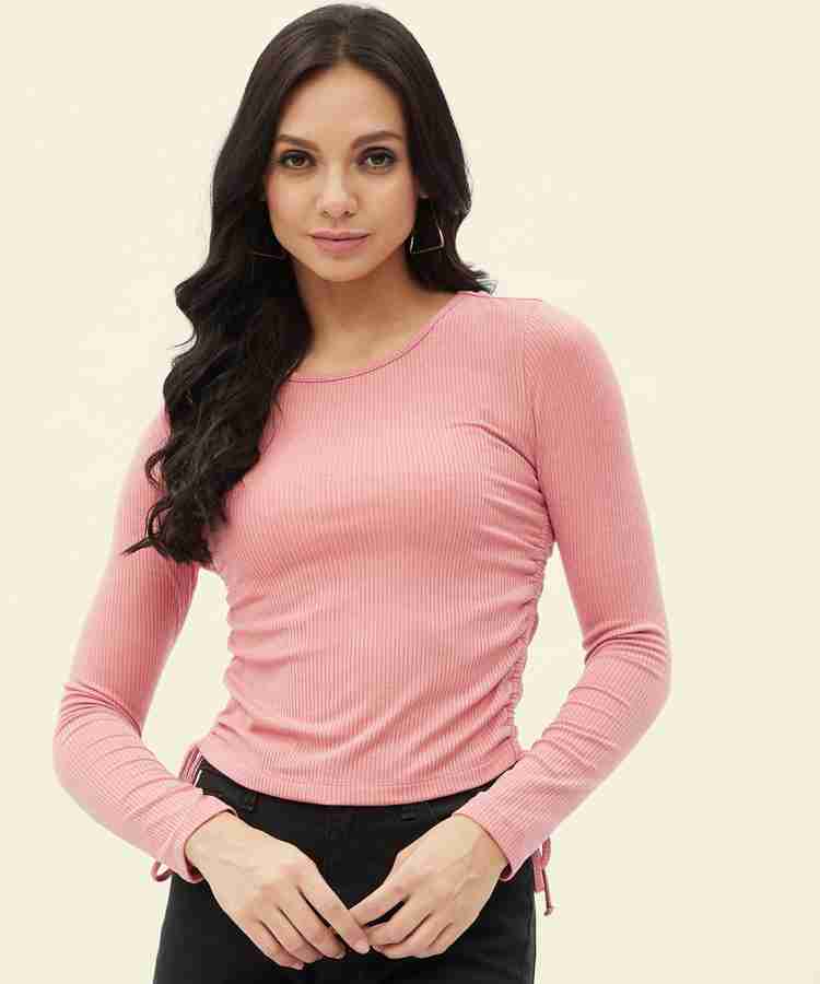 Buy HARPA BASICS Women Pink Solid Cotton Blend Top Online at Best