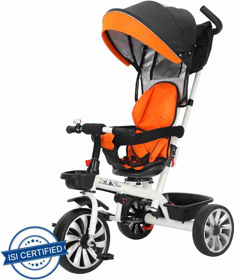 Little Olive Roller Coaster Tricycle Orange Baby Carriage Baby Tricycle for Kids Canopy Rotating Seat Push Bar and Footrest Tricycle