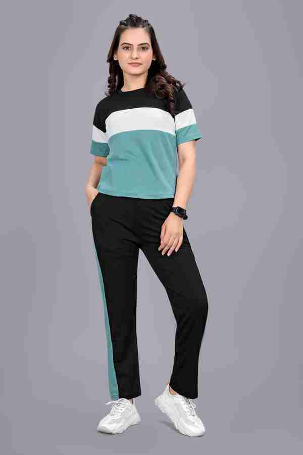 Hercill Women Colorblock Light Blue White Black Top Pyjama Set