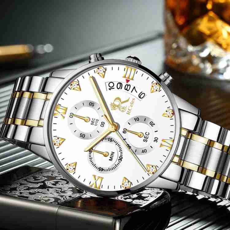 Rceles Classic Business Luxury Magnificent Analog Silver Icegold Version Inside Dials Work Three-eye Six-needle Chronograph Auto Calendar Analog Watch