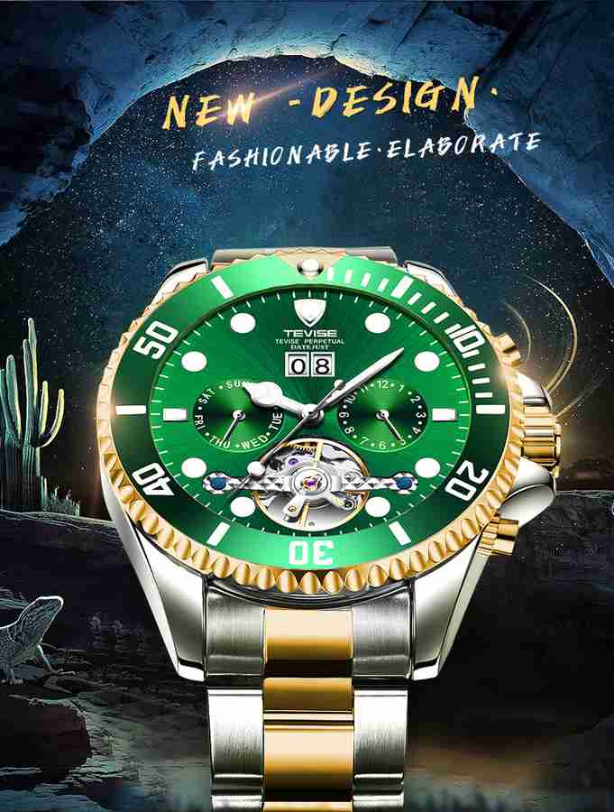Tevise T823 Automatic Mechanical Skeleton Chronograph Luxury Watch automatic silver and gold strap with luxury green multifunctional dial date day Analog Watch For Men Buy Tevise T823 Automatic Mechan...
