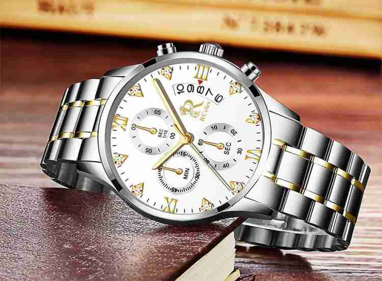 Rceles Classic Business Luxury Magnificent Analog Silver Icegold Version Inside Dials Work Three-eye Six-needle Chronograph Auto Calendar Analog Watch