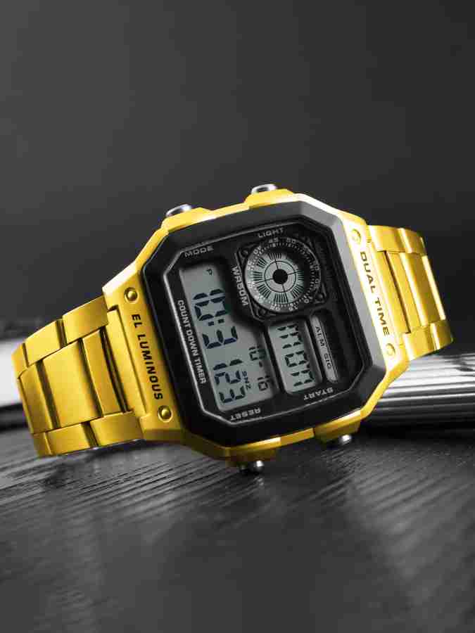 New Watch Luxury Fashion Men Watches Gold Stainless Steel Sports Square  Digital Analog Big Quartz Watches For Men