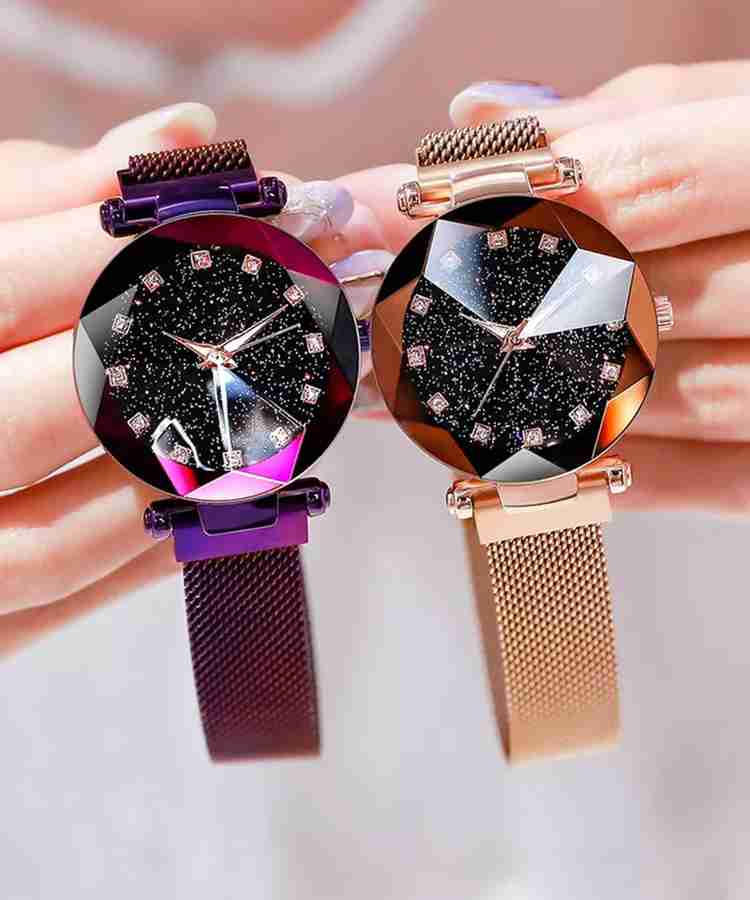 Krunesh 12 Diamond Purple Rose Gold Chain Bracelet Analog Magnet Watch Combo For Girls Women Analog Watch For Girls Buy Krunesh 12 Diamond Purple Rose Gold Chain