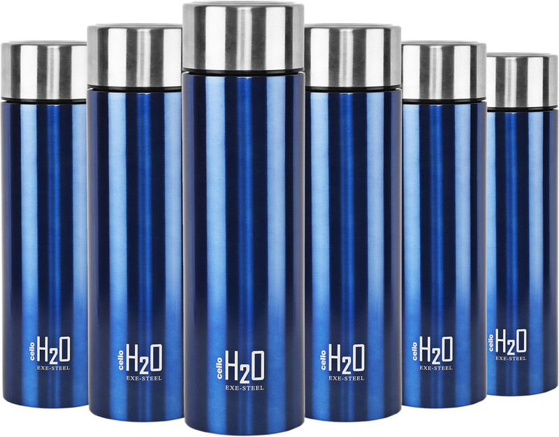Cellocello H2O Stainless Steel Water Bottle Set, 1 Litre, Set of 6, Blue 1000 ml Steel Bottle (Pack of 6, Blue)