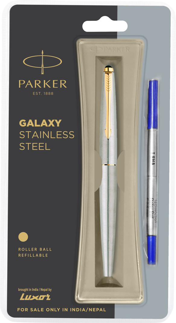 PARKER Galaxy Stainless Steel, Gold Trim Roller Ball Pen Ink Color - Blue