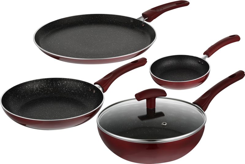 Bergner Amarone 5 Pcs Cookware Set (Wok-24 Cm, Frypan-24 Cm, Tawa-25 Cm, Mini Pan-14 Cm) Induction Bottom Non-Stick Coated Cookware Set (Aluminium, 5 - Piece)