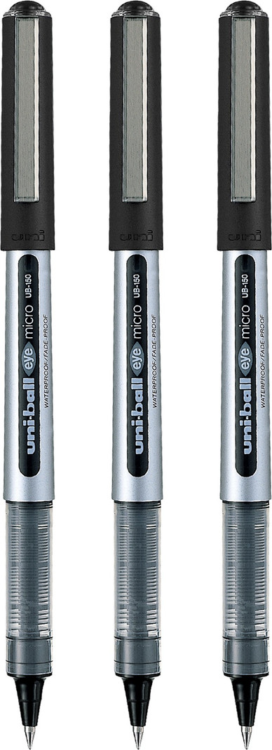 uni-ball Eye UB150 0.5mm Roller Ball Pen | Water & Fade Resistant | Roller Ball Pen Pack of 3, Ink Color - Black