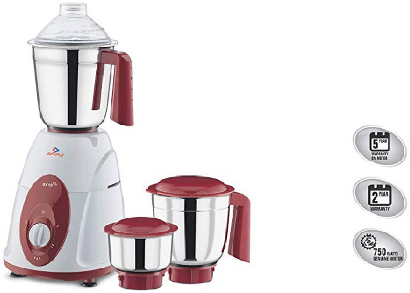 BAJAJ B010FVGG8I 750 W Mixer Grinder  (Classic 750-Watt Mixer Grinder with 3 Jars (White and Maroon) | 3 Jars | White & Maroon)