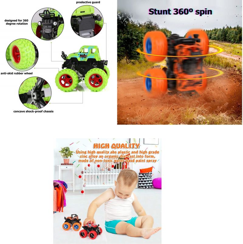 Ayezent Push and Go Car Toy, Monster Truck Toys,Friction Powered 360 Degree Stunt Car, Multicolor, Pack of 4 (Multicolor, Pack of: 4) - Image 4