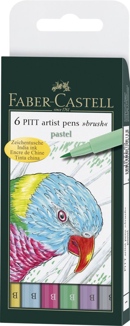 FABER-CASTELL India Ink Pitt Artist "B" Pastel Brush Pens (Set of 6, Multicolor)