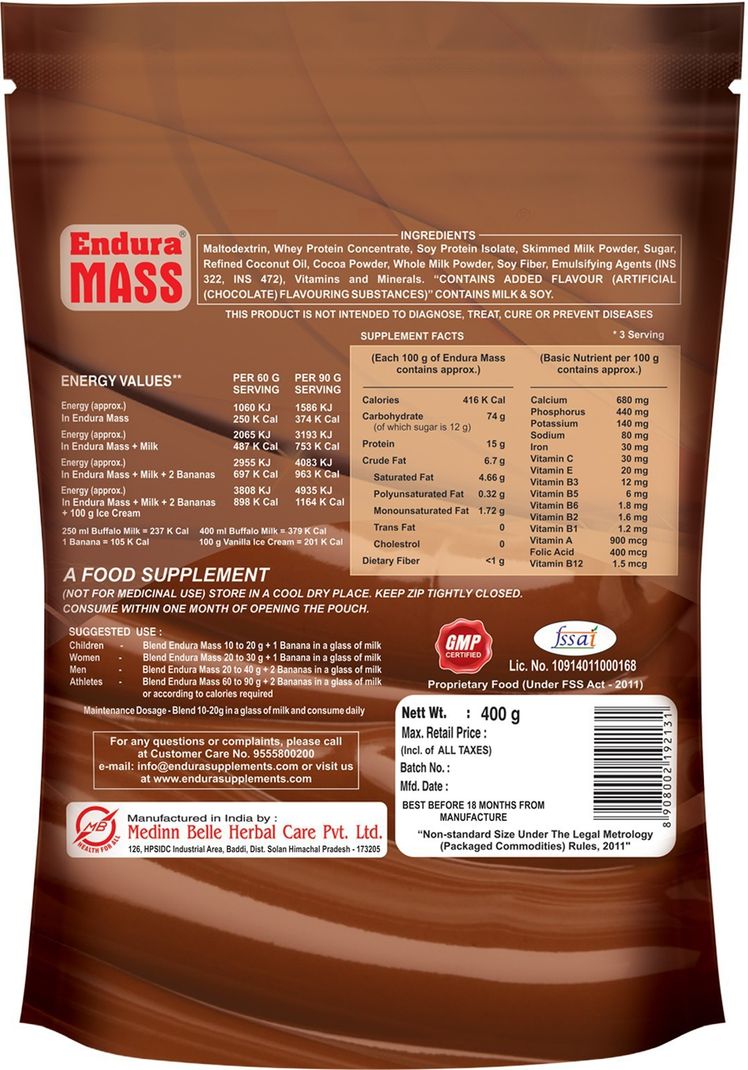 Endura Mass 400 g Chocolate Weight Gainer - Image 4