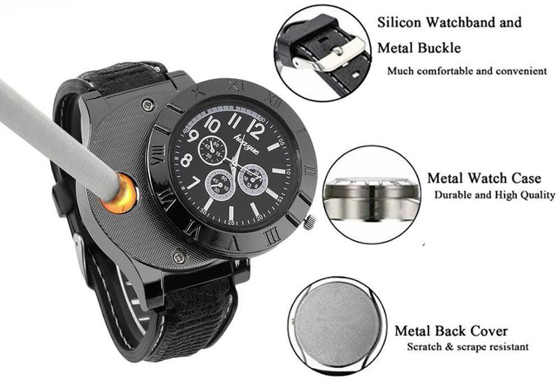 Ala Flame METAL Premium Black New Innovative Lighter Watch Military Lighter USB Electronic Watch Windproof Flameless Cigarette Men's Lighter Watches Cigarette Lighter (Premium Black) - Image 5