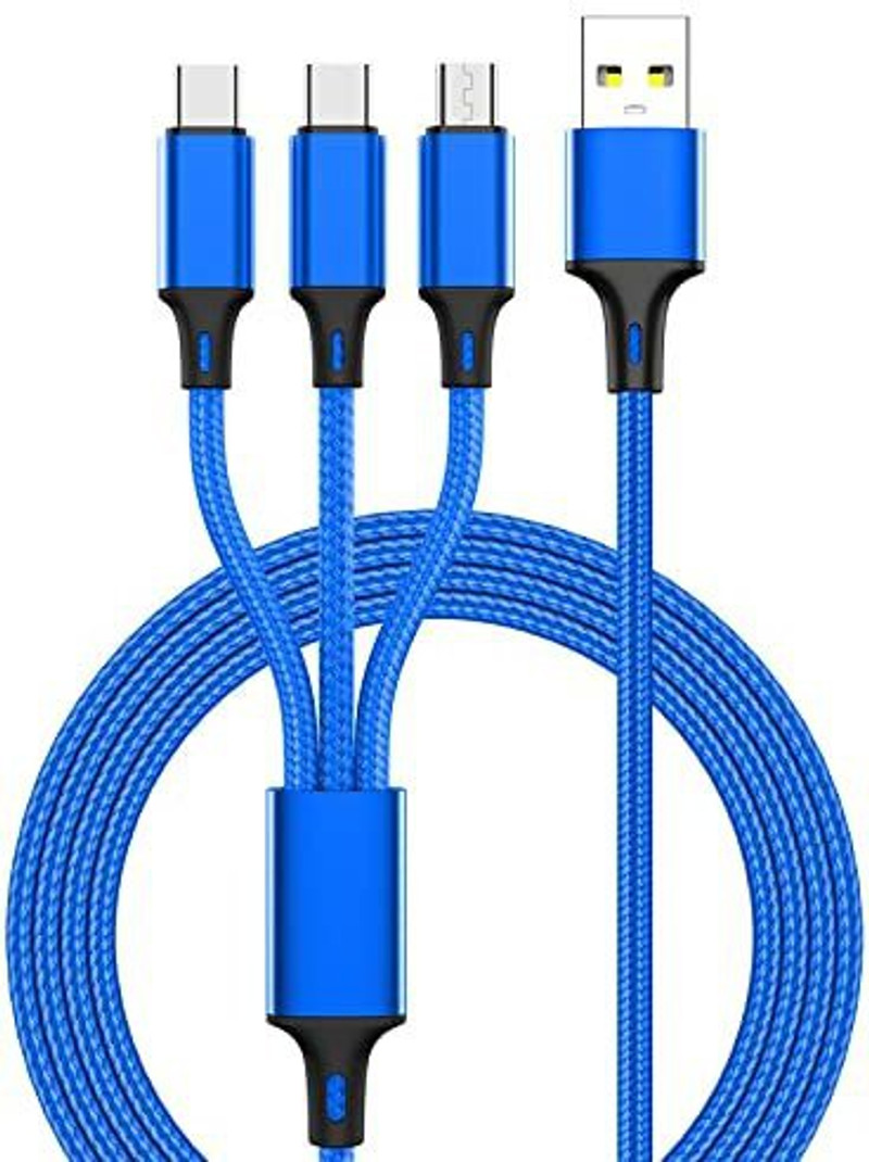 SYGA USB Type C Cable 200 m 3 in 1 Charging Cable, Nylon Braided USB Cable for Android, iOS and Type C Devices, 3A, 3 Feet - Blue (Compatible with And