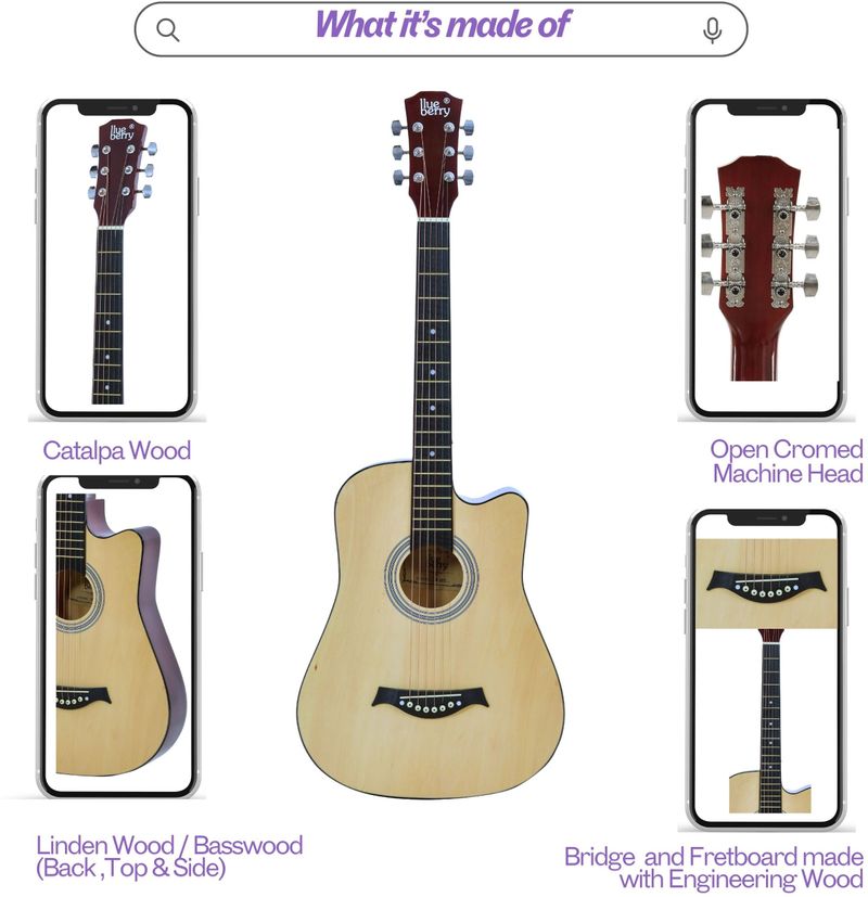 BLUEBERRY 38C Classic Brown, 38 Inch Acoustic Guitar Linden Wood Plastic Right Hand Orientation (Brown) - Image 6