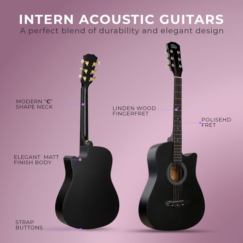 intern INT-38C-BK Acoustic Guitar Linden Wood Rosewood Right Hand Orientation (Black) - Image 6