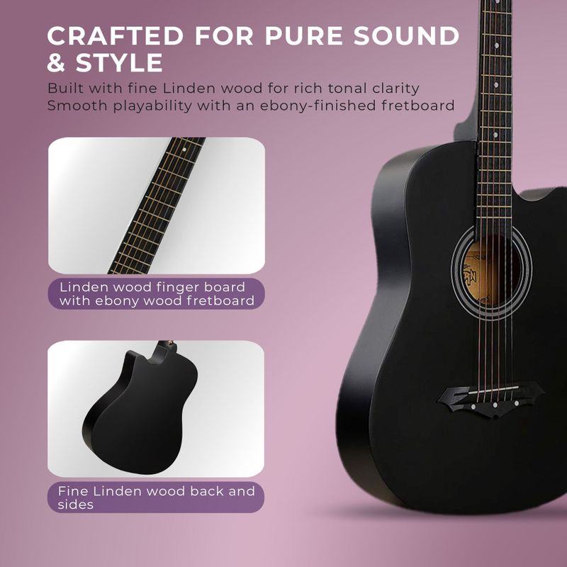 intern INT-38C-BK Acoustic Guitar Linden Wood Rosewood Right Hand Orientation (Black) - Image 5