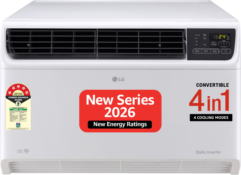 LG 2026 Model 1.5 Ton 5 Star Window Dual Inverter Convertible 4-in-1 Cooling with Faster Cooling and Energy Saving, 4 Way Air Direction (Manual), Clea
