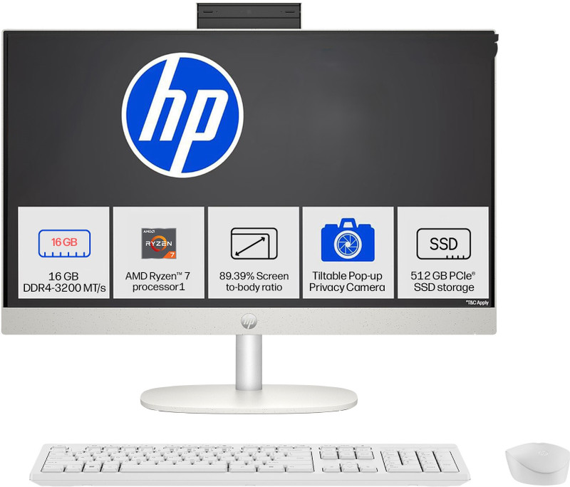 HP All in One Ryzen 7 (16 GB DDR4/512 GB SSD/Windows 11 Home/23.8 Inch Screen/Cr 0023) with MS Office Shell White, 40.9 cm x 54.05 cm x 18.6 cm, 5.27 