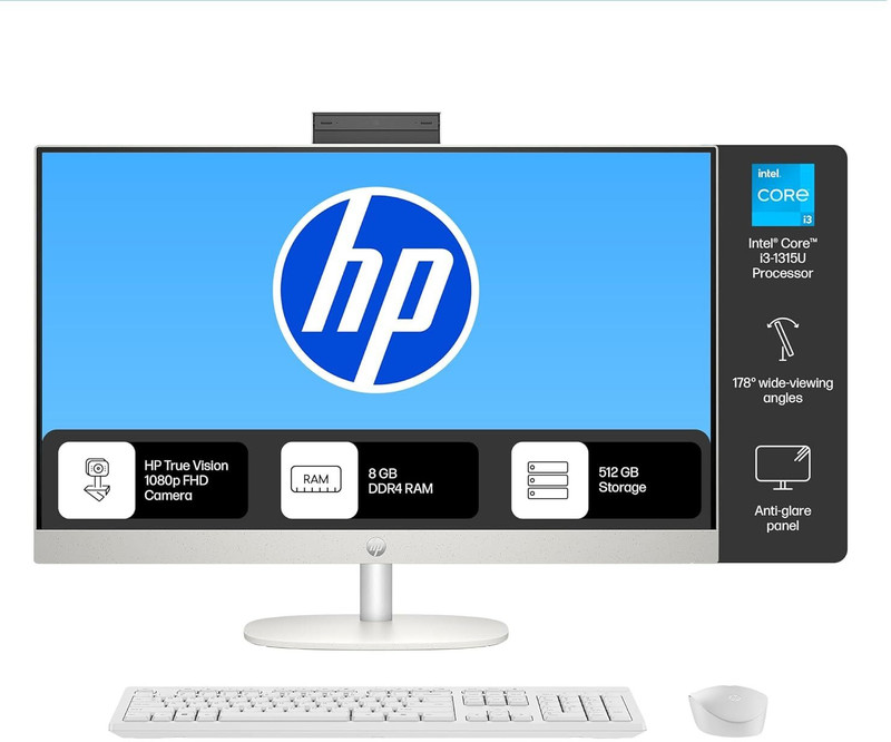 HP All-in-One PC Core i3 (8 GB DDR4/512 GB SSD/Windows 11 Home/23.8 Inch Screen/24-cr0901 / 24-cr0905) with MS Office Shell White, 40.9 cm x 54 cm x 1