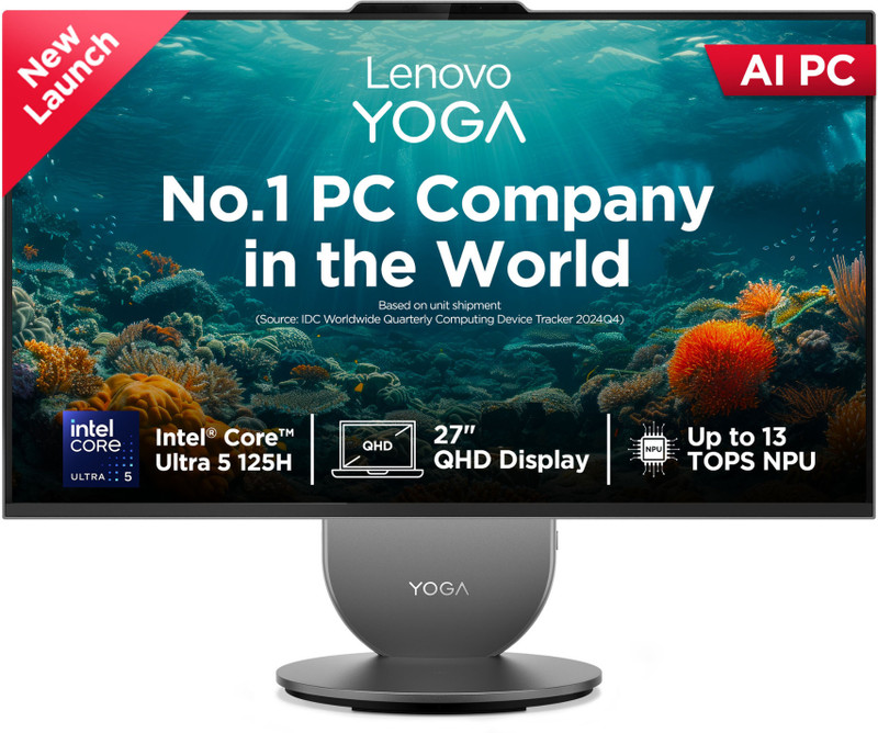 Lenovo Yoga AIO QHD IPS Core Ultra 5 (16 GB LPDDR5X/1 TB SSD/Windows 11 Home/27 Inch Screen/Yoga AIO) with MS Office Luna Grey, 56.5 cm x 61.3 cm x 23