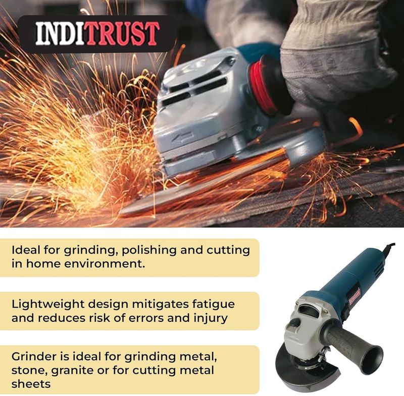 Inditrust Electric Angle Grinder Machine with 1pair Glove 2pc Vecro pad 1pc 4inch (Felt Flap Metal Cutting Grinding Marble Wood Wheel ) 1p 5inch Backing Pad 2pc 3inch Golden and Twisted Cup brush set Angle Grinder (100 mm Wheel Diameter) - Image 6