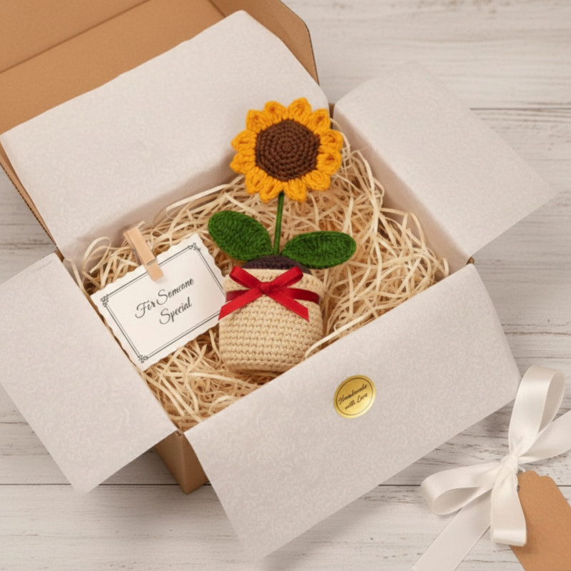 Brovion Art Handmade Crochet Sunflower Pot | Best Rakhi Gift for Sister | Cute Flower Multicolor Sunflower Artificial Flower 21 cm, Pack of 1, Single 