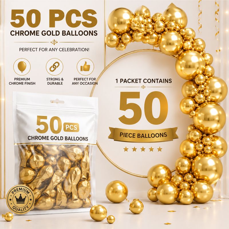 JD Party Decor Gold Chrome Balloons (Pack of 50) - Image 6