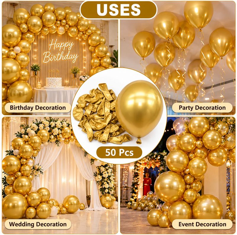 JD Party Decor Gold Chrome Balloons (Pack of 50) - Image 8