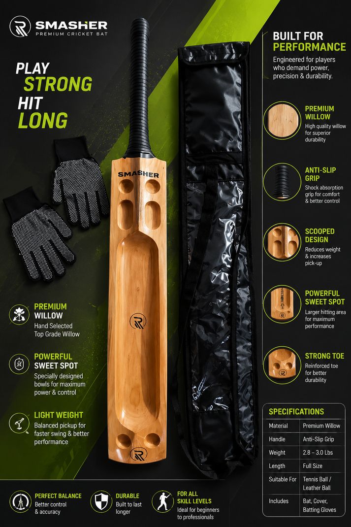 Rsvp Kashmir Willow Hard Tennis Bat Triple Blade Lightweight - Image 3