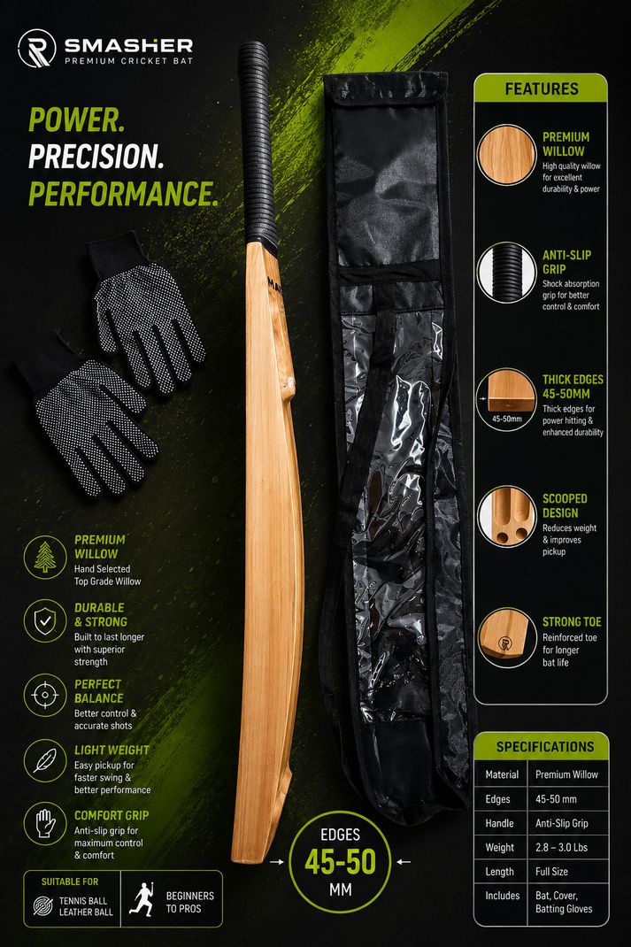 Rsvp Kashmir Willow Hard Tennis Bat Triple Blade Lightweight - Image 5