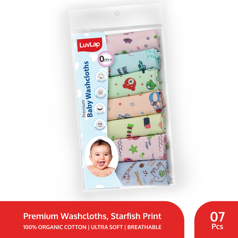 LuvLap Cotton 181 GSM Premium Baby Washcloth for New Born, 100% Hosiery Cotton Cloth, Bath, Face Towel Set Pack of 7, Multicolor