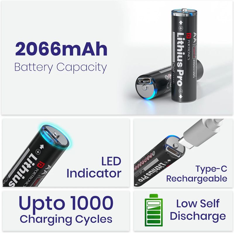 Portronics AA Rechargeable Lithium Batteries 2066mAh - Image 3