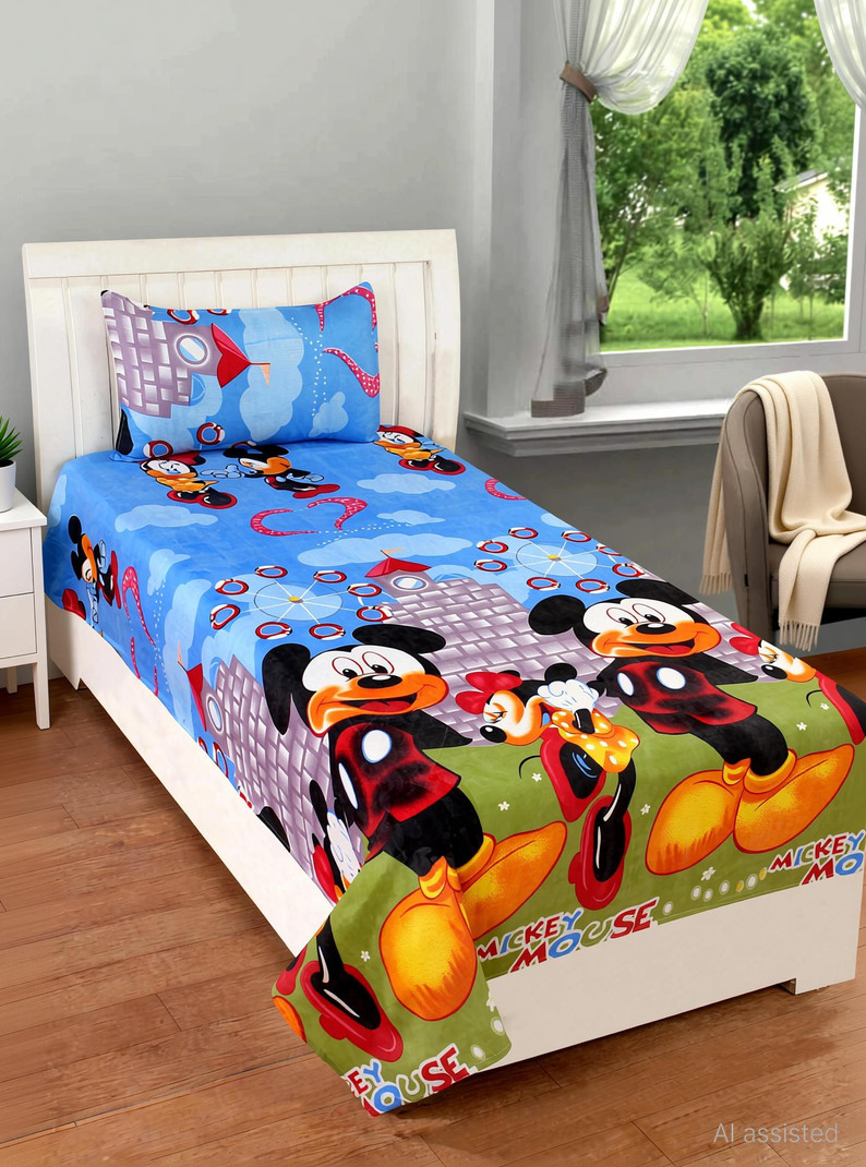 Decorum Polycotton Single Flat 160 TC Cartoon 1 Bedsheet with 2 Pillow Covers (Blue, Green)