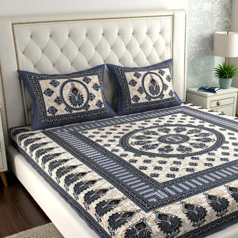 Meenamantra Cotton Double Flat 144 TC Jaipuri Prints Bedsheet with 2 - Image 2